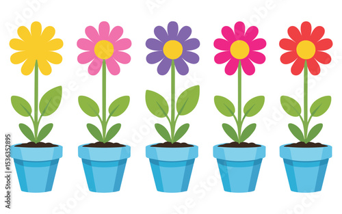 Colorful Cartoon Flowers In Blue Pots Isolated On White Background