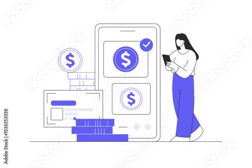 Woman Character paying online and receiving bonus money or reward back on credit card. Cashback, financial savings and money exchange concept. Flat Cartoon Vector Illustration, icon. Stylish abstract