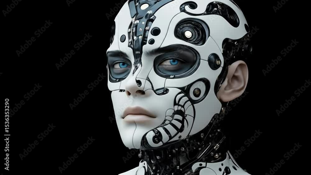 Profile of a turning cyborg head with blue eyes. Profile of a turning cyborg head with blue eyes.
