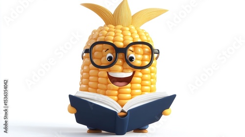 A cartoon corn kernel character wearing glasses and reading a book