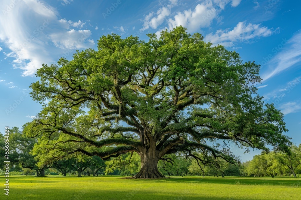 Obraz premium Majestic oak tree in a grassy field under a vibrant sky