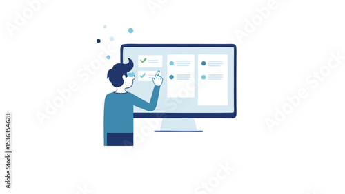 Task master completing checklist on monitor with satisfying touch productivity modern illustration