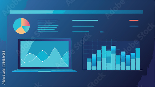 Illustration of a dashboard with a pie chart, line graph, and bar graph on a dark blue background
