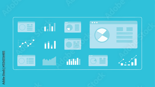 Dashboard interface showing various graphs and charts on a light blue background with a white border