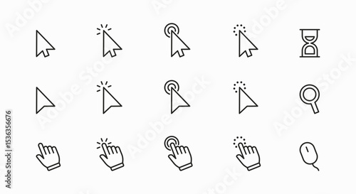 Set of computer mouse click cursor isolated on white background. Cursors linear black icons click collection. Zooming, arrow, hourglass, hand pointer symbol. Vector illustration