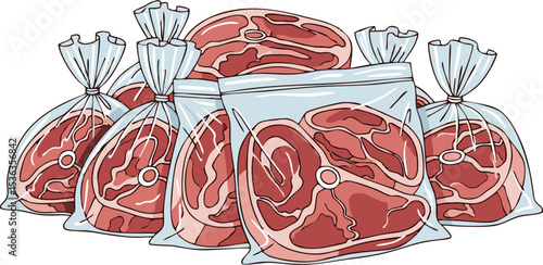 Cartoon Lamb Chops in Plastic Bags, Fresh Meat Cuts, Butcher Shop