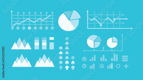 Illustration showing various types of charts and graphs on a blue background displaying data analysis