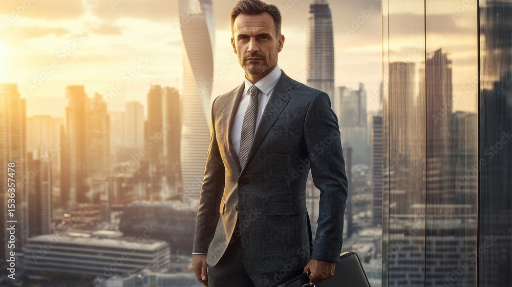 A focused European man in his fifties stands confidently in business attire against a stunning city skyline during sunset, evoking professionalism and ambition. A focused European man in his fifties stands confidently in business attire against a stunning city skyline during sunset, evoking professionalism and ambition.
