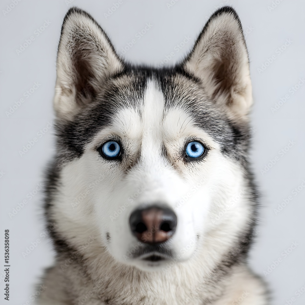 Close-up portrait of a Siberian Husky with striking blue eyes against a neutral background Close-up portrait of a Siberian Husky with striking blue eyes against a neutral background