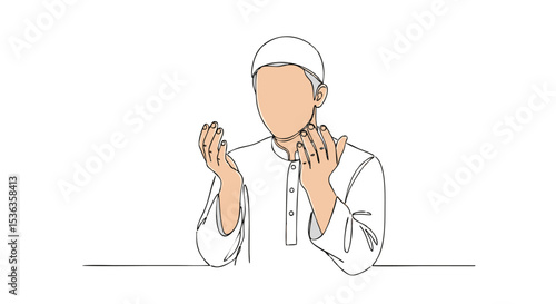 Minimalist Line Art Depicting a Praying Muslim Man in White Attire