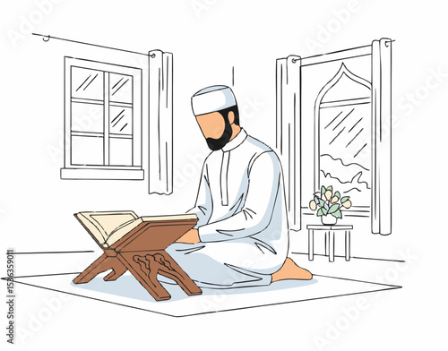 Muslim Man in Traditional Attire Reading Holy Book at Home