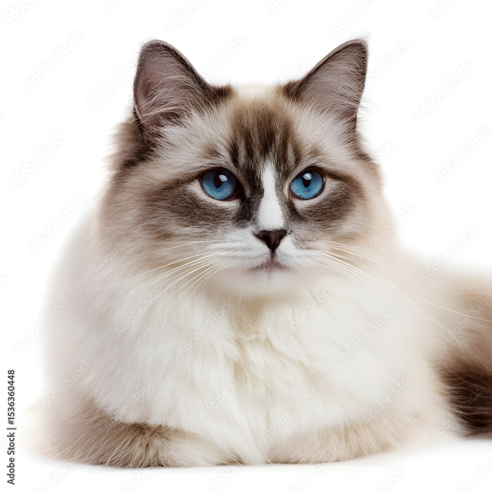 Elegant fluffy cat with striking blue eyes resting serenely on a soft surface, showcasing its beauty Elegant fluffy cat with striking blue eyes resting serenely on a soft surface, showcasing its beauty