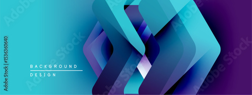 Abstract geometric layers create vibrant gradient effect. Blue, purple hues dominate design, suggesting modern aesthetic.