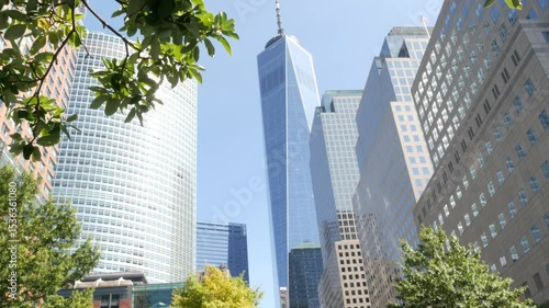 New York City Manhattan, Downtown Financial District architecture, United States. One World Trade Center skyscraper building, USA. American urban street. Freedom tower in NYC. Battery park. Brookfield