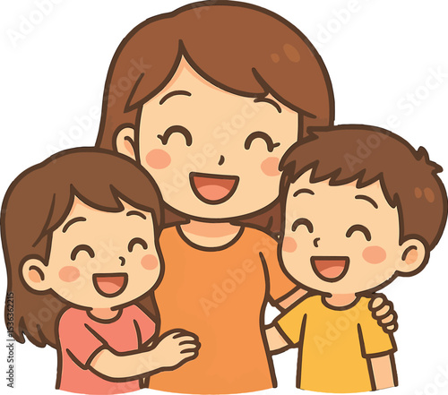 Embracing Family: A mother with her two children sharing an embrace of laughter, and happiness. A heartwarming portrait of love and unity. 