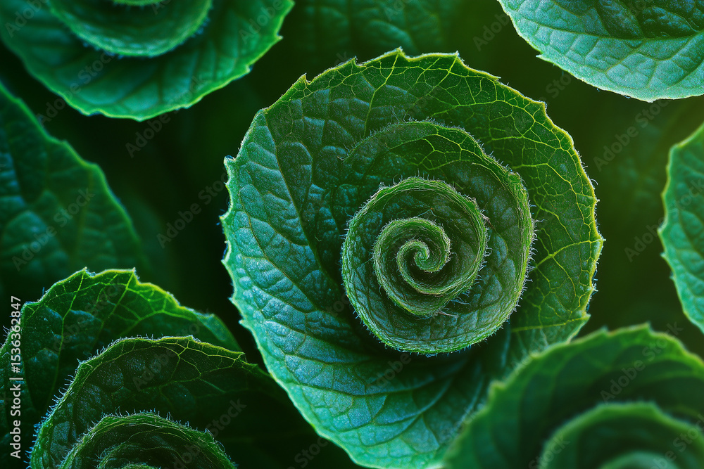 Obraz premium Abstract pattern of green spirals and leaf outlines, clean background