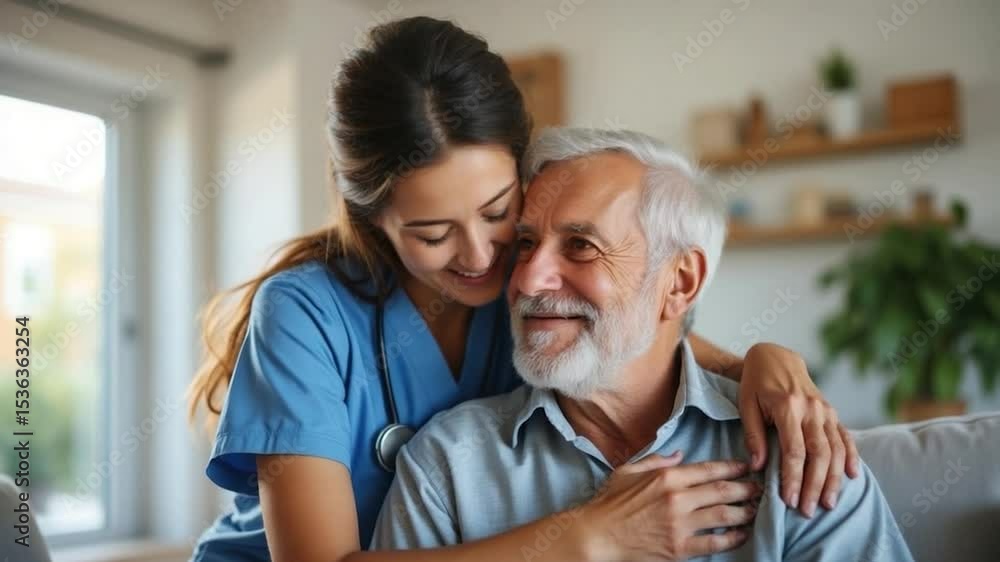 Smiling nurse in blue uniform hugs elderly man in bright living room, showing care, support, companionship, and warm smile in home healthcare setting, expressing trust and happiness. Smiling nurse in blue uniform hugs elderly man in bright living room, showing care, support, companionship, and warm smile in home healthcare setting, expressing trust and happiness.