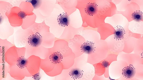 Delicate pink and white watercolor flowers with soft purple centers on seamless artistic background for feminine spring floral design projects