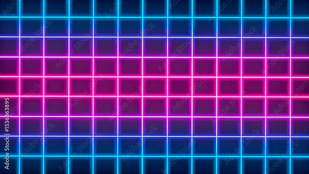 Bright neon grid pattern illuminating a dark background with pink and blue lines creating an abstract design Bright neon grid pattern illuminating a dark background with pink and blue lines creating an abstract design