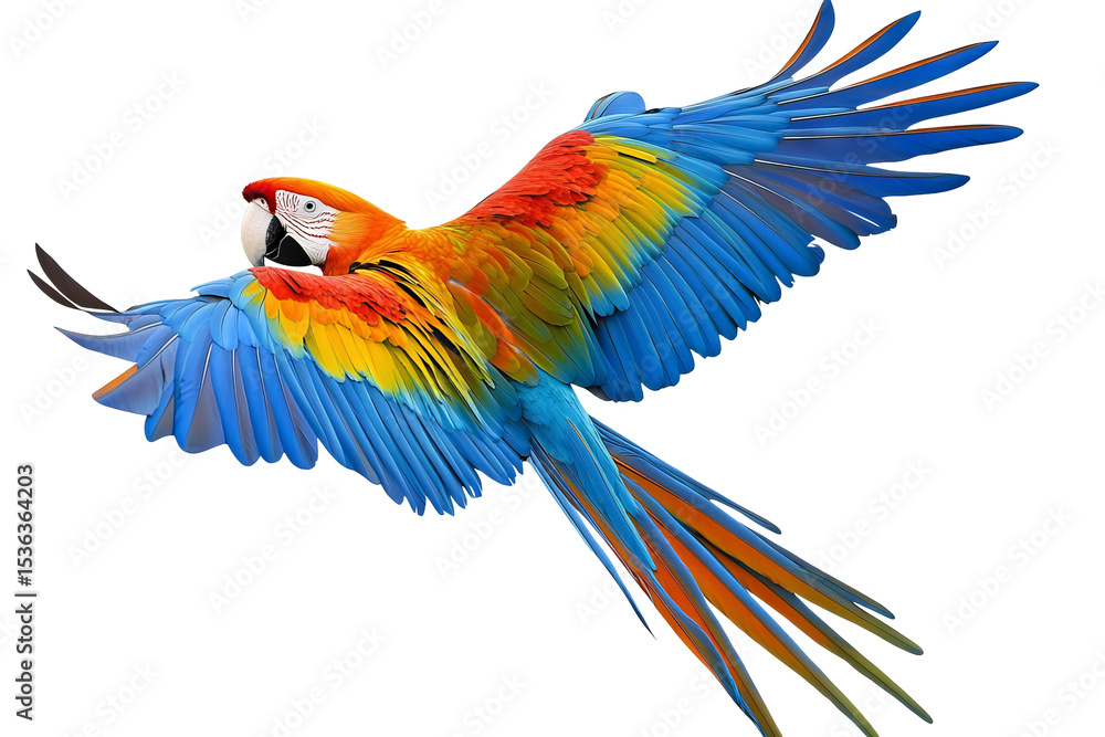 Fototapeta premium Vibrant tropical parrot with rainbow plumage soaring in mid-flight on transparent background in ultra high-resolution PNG perfect for seamless cutout designs.
