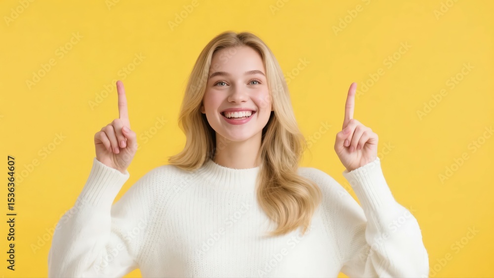 Happy Woman Pointing Upwards on Yellow Background Happy Woman Pointing Upwards on Yellow Background