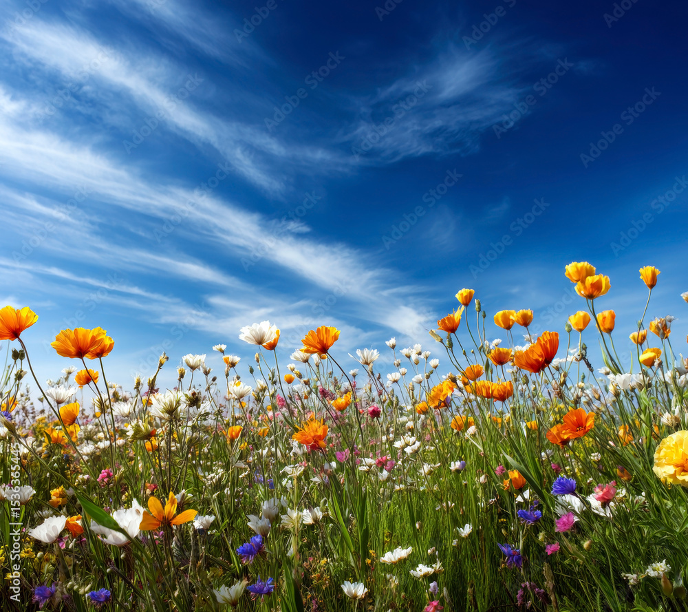 A stunning display of wildflowers in brilliant hues of orange, white, pink, and purple dances gently in the breeze beneath a clear blue sky, evoking feelings of tranquility. A stunning display of wildflowers in brilliant hues of orange, white, pink, and purple dances gently in the breeze beneath a clear blue sky, evoking feelings of tranquility.