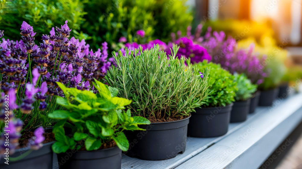 Fototapeta premium Herbal garden in full summer bloom with lavender and mint