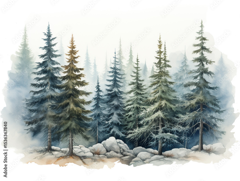 Obraz premium A watercolor painting depicting a serene fir tree forest with snow-dusted ground and misty, cloudy skies, evoking a peaceful winter landscape.