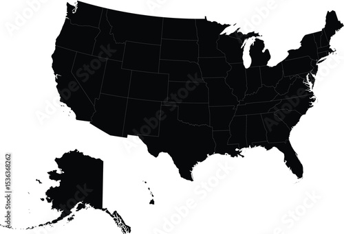 detailed black silhouette map of united states of america with internal state borders on white background

