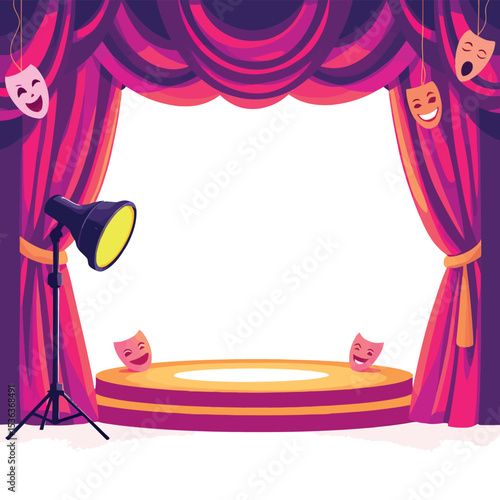 Vsai theater stage with spotlights, red curtains and comedy masks is ready for the show