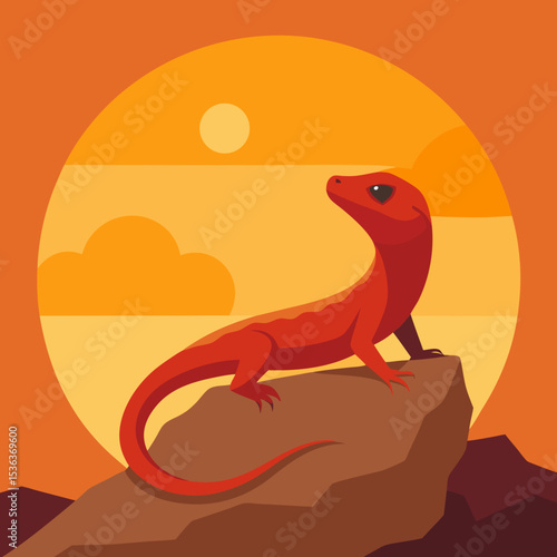 Lizard sunbathing on warm rocky retro hill vector illustration