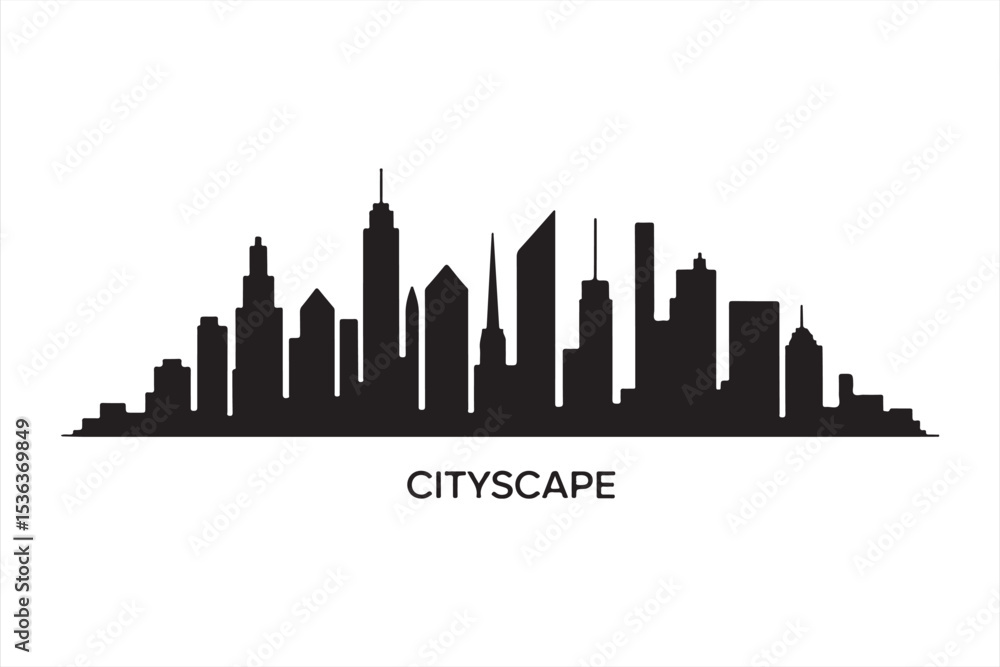 Obraz premium Abstract urban skyline with layered black and gray skyscrapers in minimalist silhouette design, perfect for real estate, architecture, or city planning themes