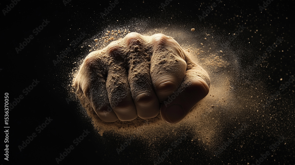 Naklejka premium A fist is clenched in the air with sand in it. Concept of power and strength
