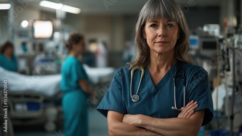 Free Download A middle-aged European woman in scrubs stands confidently with arms crossed, embodying professionalism in a hospital setting, ready to support her patients. - GFXLoad
