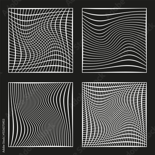 Wavy line squares. Abstract distorted grid. Black white texture. Vector flowing shape.