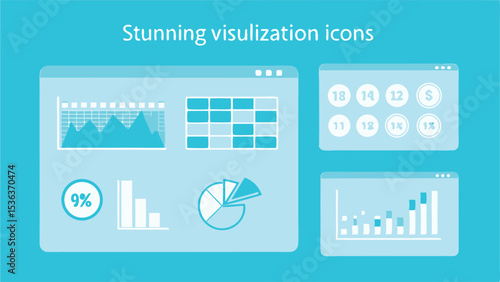Illustration of dashboard interface with various charts and data representations in a light blue theme