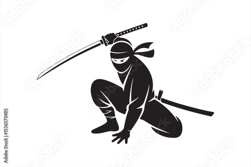 Vector Silhouette of Ninja Warrior with Katana in Crouch Pose and Japanese Symbol Background