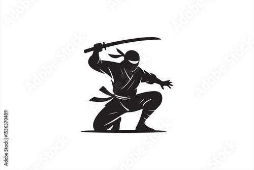 Ninja Warrior Vector Art in Action Pose with Katana and Red Headband