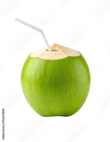 Refreshing green coconut drink with straw perfectly presented for relaxing atmosphere ideal for tropical themes and summer refreshments isolate on transparent background