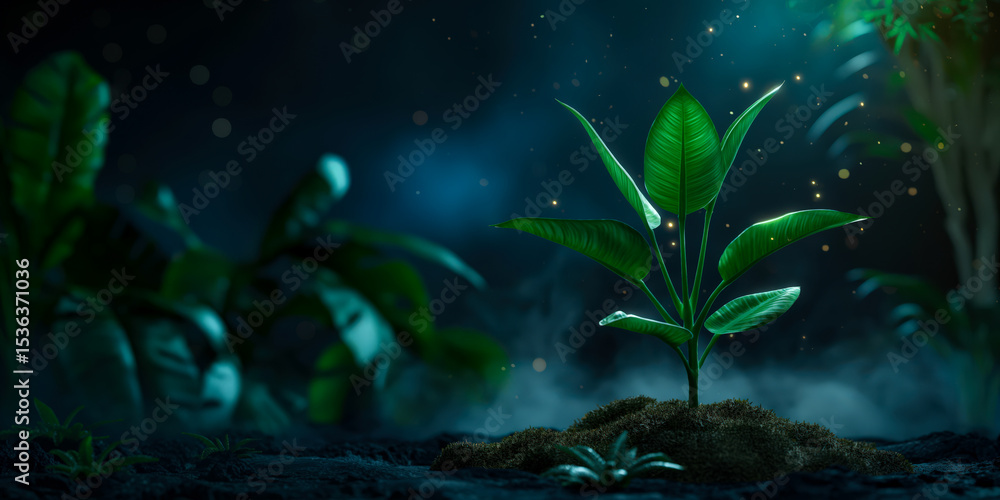 Fototapeta premium Green plant growing at night in neon rainforest
