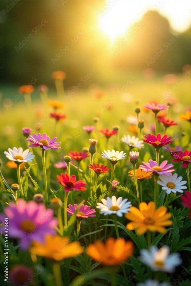 Obraz premium Vibrant wildflowers carpet sunny field Golden light, lush blooms , sunshine, green, wildflowers