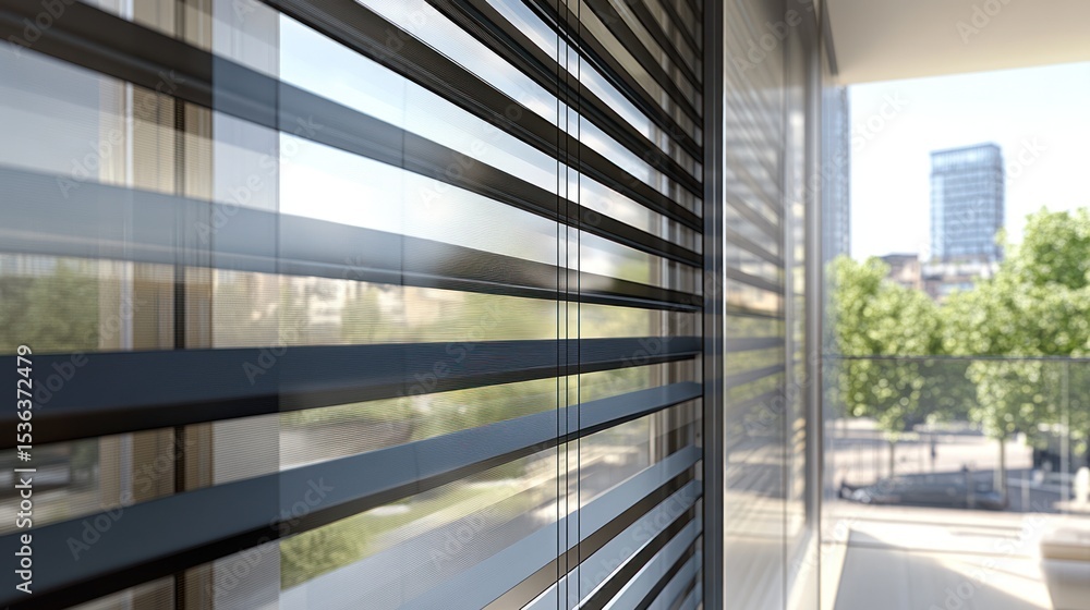 Fototapeta premium Modern window blinds with horizontal slats, showcasing a city view