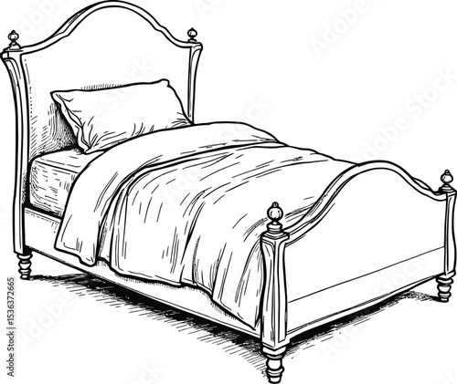 Elegant Black-and-White Vector Illustration of a Classic Wooden Bed with Decorative Headboard and Footboard