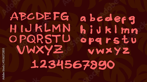 Hand-painted pink font on dark maroon backdrop with subtle monstera leaf in light maroon. Bold, tropical, and creative vector lettering style.