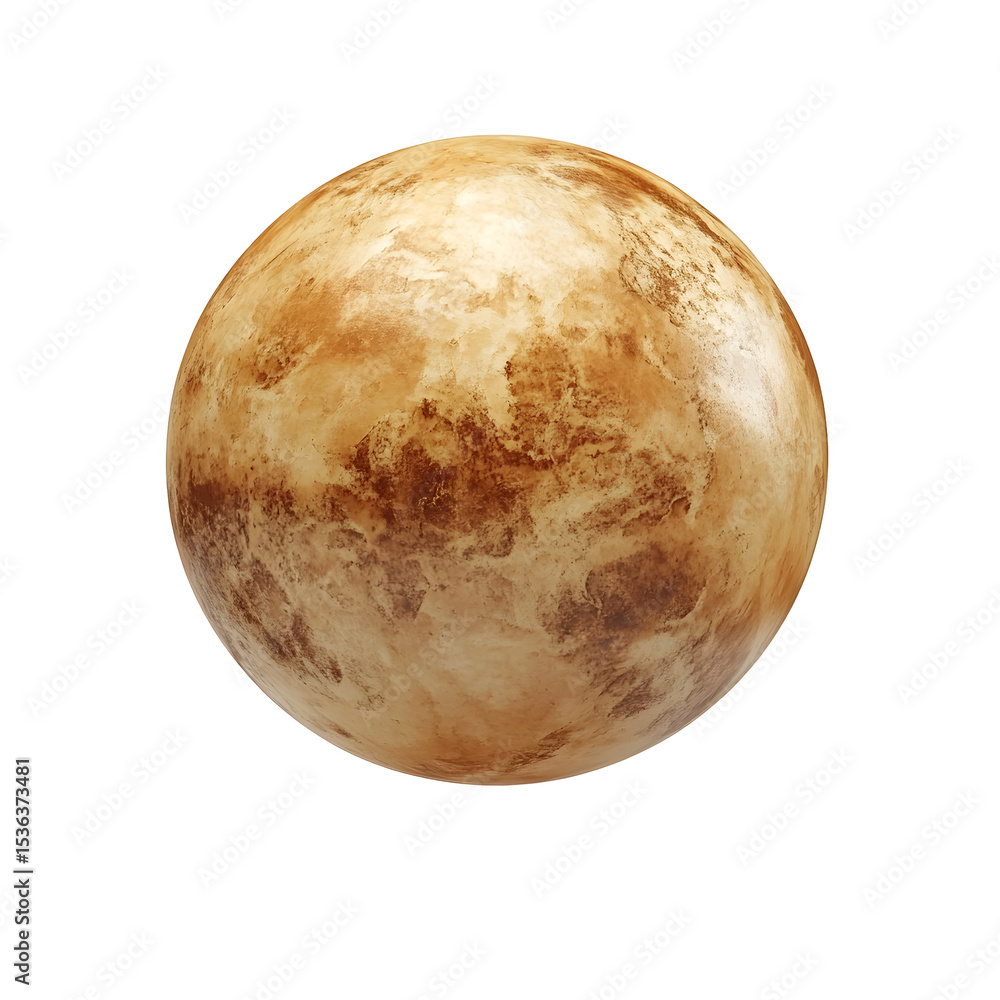 Fototapeta premium A realistic golden-orange planet with a textured, rocky surface, suspended in mid-air against a pristine white background.