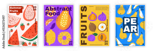 Summer food poster. Abstract fruit. Tropical fresh ripe slice texture. Card restaurant. Season menu. Kiwi, watermelon, orange. Delicious lemon and pineapple. Vector typography garish banner set