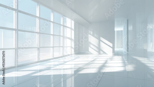 Sunlit minimalist white room with large windows  reflecting light on polished floor