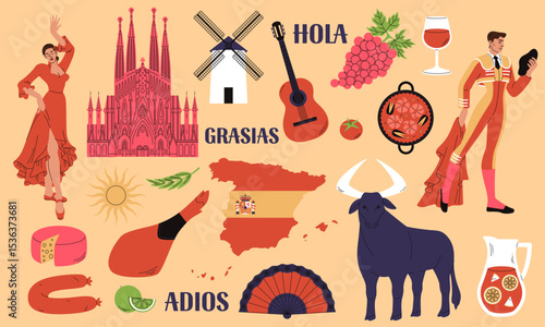 Spain travel icon. Spanish culture. Dance flamenco with fan. Madrid bullfighting. Famous cathedral. Guitar and national food meal. Landmarks collection in Mediterranean country. Vector sightseeing set