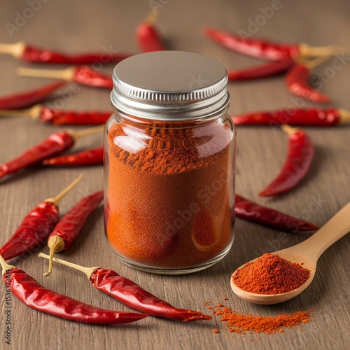 Chili Powder in Glass Jar with Whole Dried Chilies on Rustic Wooden Background – High Resolution Culinary Stock Image