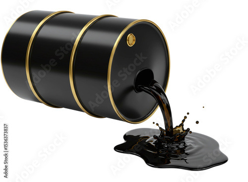 Black oil barrel leaking crude oil isolated on transparent background
